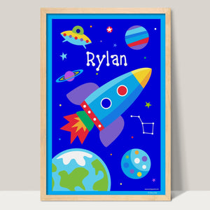 Galaxy Outer Space Rocket & Planets Personalized Kids Wall Art Print 12" x 18"