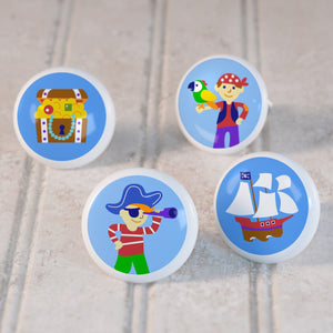 Kids Pirates Ceramic Drawer Knobs 4pc Set 1 1/2" - Pirate Captain Pirate Ship Treasure