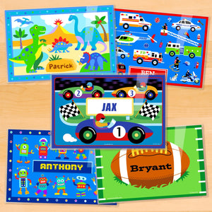 Juego de cinco manteles individuales personalizados para niños de 18" x 12" - Dinosaurios, héroes, robots, autos de carrera, fútbol