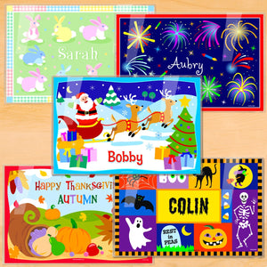 Juego de cinco manteles individuales personalizados para fiestas de 18" x 12" - Pascua, 4 de julio, Halloween, Acción de Gracias, Navidad