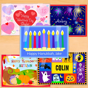 Juego de cinco manteles individuales personalizados para niños para Hanukkah/Días festivos, 18" x 12" - San Valentín, 4 de julio, Hanukkah, Acción de Gracias, Halloween