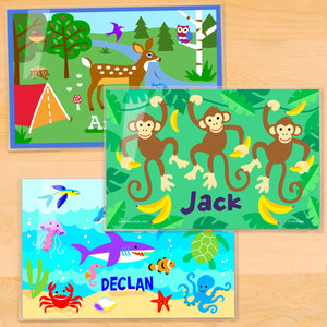 Juego de tres manteles individuales personalizados para niños de Nature Kids, de 18" x 12" (monos de la jungla, peces del océano, ciervos del bosque)
