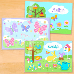 Juego de tres manteles individuales personalizados para niños de primavera de 18" x 12" - Pájaros, conejitos y mariposas