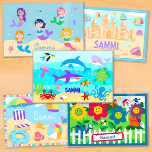 Juego de cinco manteles individuales personalizados para niñas de verano de 18" x 12" - Sirenas de playa, flores, peces del océano