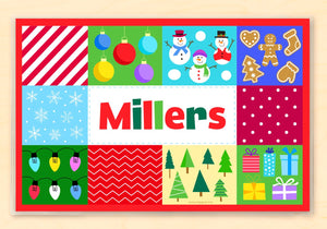 Mantel individual personalizado con diseño de patchwork navideño de 18" x 12" con alfabeto