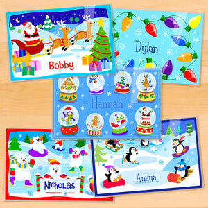 Juego de cinco manteles individuales personalizados para Navidad para niños de 18" x 12" - Luces navideñas de Papá Noel, pingüinos, osos polares