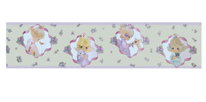 Bordure murale jaune vintage New Precious Moments Girls & Animals avec rubans roses, autocollante, à décoller et à coller