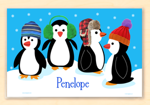 Mantel individual personalizado de pingüinos fríos de 18" x 12" con alfabeto