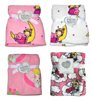 Precious Moments Girl Plush Soft Fleece Crib Baby Blanket Nursery Pink or White Baby Shower Gift Girl with Bunny, Lamb, or Moon