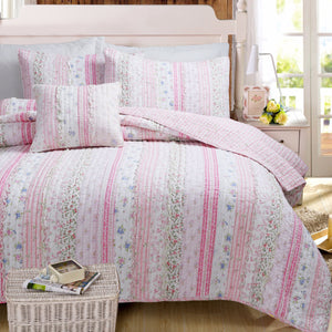 Feminine Romantic Shabby Chic Pink Lace Girl Bedding Twin Full/Queen King Ruffled Quilt Set with Striped Floral Print
