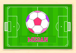 Mantel individual personalizado para niños con diseño de niña futbolista de 18" x 12" con alfabeto