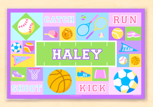 Game On Sports Girl Personalized Placemat 18" x 12" with Alphabet Pink or Blue