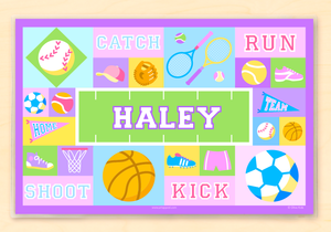 Mantel individual personalizado Game On Sports Girl de 18" x 12" con alfabeto rosa o azul