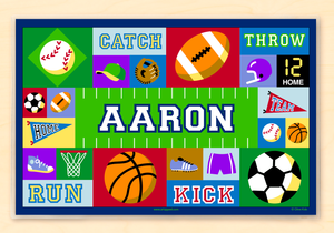 Mantel individual personalizado Game On Sports de 18" x 12" con alfabeto azul o rosa