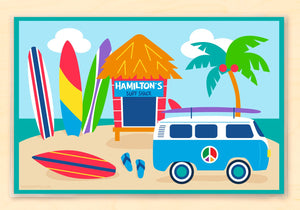 Mantel individual personalizado para niños Surf Shack Surfing de 18" x 12" con alfabeto