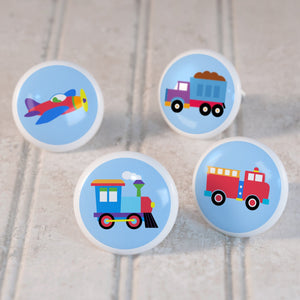 Train Airplane Fire Truck Tractor 4pc Ceramic Kids Drawer Knob Set 1 1/2"