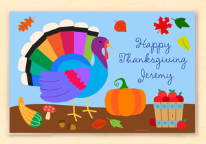 Mantel individual personalizado con pavo de Acción de Gracias de 18" x 12" con alfabeto