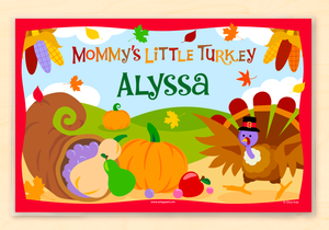 Mantel individual personalizado de Acción de Gracias con el pequeño pavo de mamá, 18" x 12" con alfabeto