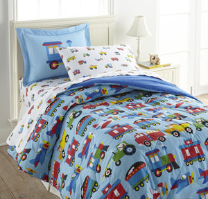 Blue Trains Planes Trucks Cotton Bed in a Bag Toddler Twin Full Bedding Comforter & Sheet Set