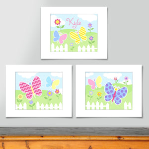 Butterfly Garden Kids Wall Art Personalized Print - Set of 3