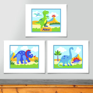 Dinosaur Kids Wall Art Print Personalized - Set of 3 - T-Rex Brontosaur Triceratops