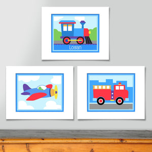 Transport Vehicles  Wall Art Prints Personalized - Set of 3 - Train Air Plane Fire Truck