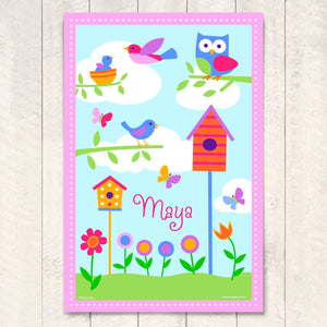 Spring Birds Flowers & Owl Personalized Kids Wall Art Print 12" x 18"