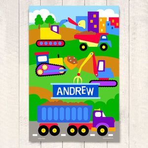 Construction Zone Personalized Kids Wall Art Print 12" x 18" Trucks Bulldozer Digger