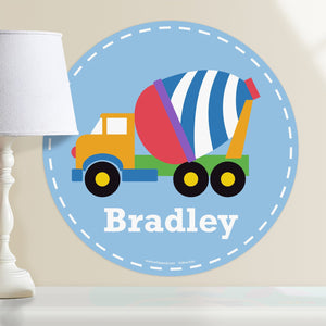 Cement Mixer Truck Wall Decal 12" Peel & Stick Fabric Sticker Personalized