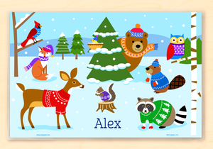 Mantel individual personalizado con animales del bosque invernal de 18" x 12" con alfabeto