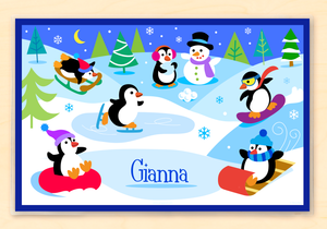 Mantel individual personalizado con pingüinos de invierno de 18" x 12" con alfabeto