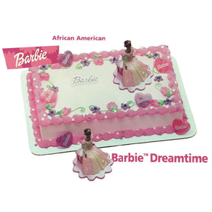 Juego de 10 adornos para tarta de cumpleaños de Barbie Dreamtime, étnicos, afroamericanos, con 6 anillos de fiesta en forma de corazón
