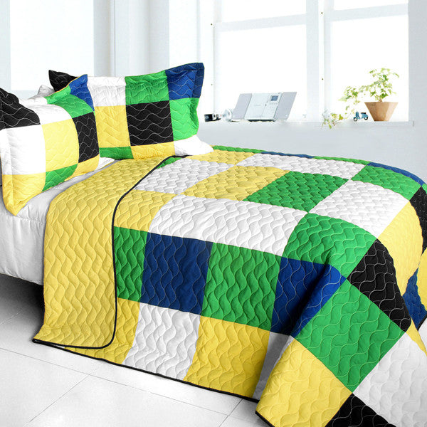 Black White Green Yellow Patchwork Teen Bedding Full/Queen Quilt Set Geometric Bedspread