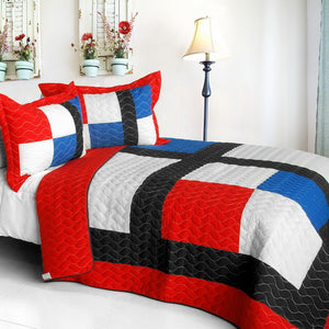 Red Blue White & Black Criss-Cross Teen Boy Bedding Full/Queen Modern Geometric Quilt Set