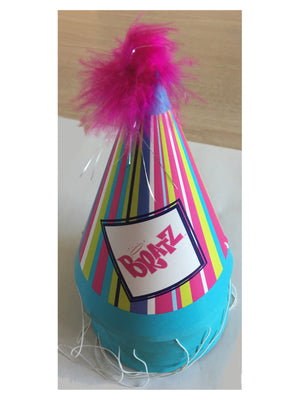 Bratz Happy Birthday Party Perfection Hats 8 CT - Striped Blue & Purple with Hot Pink Boa Pom Pom