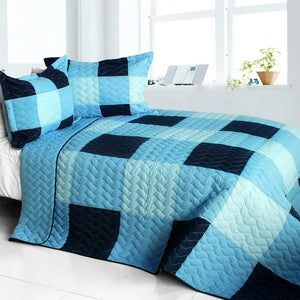 Blue & Navy Patchwork Teen Boy Bedding Full/Queen Quilt Set Modern Checkered Bedspread