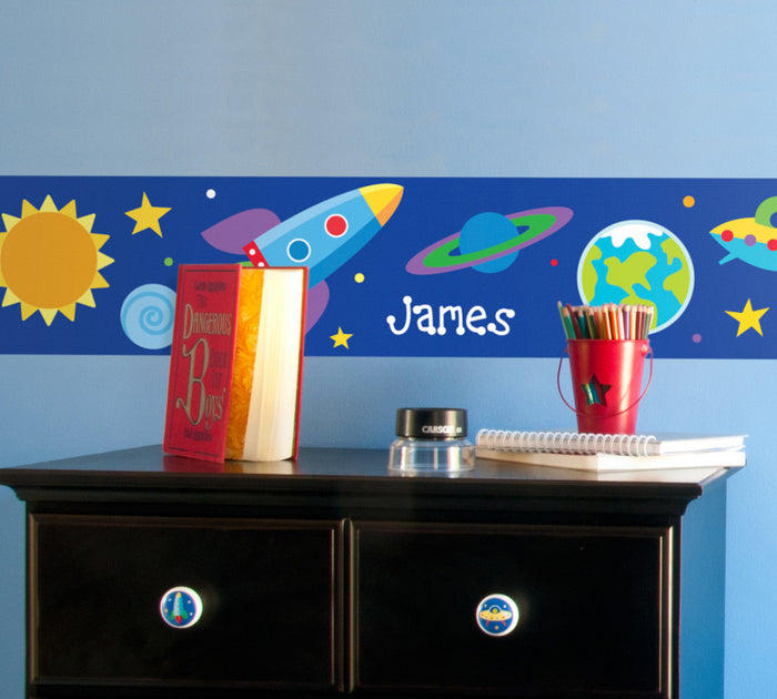 Blue Outer Space Rocket & Planets Kids Personalized Peel & Self Stick Wall Wallpaper Border