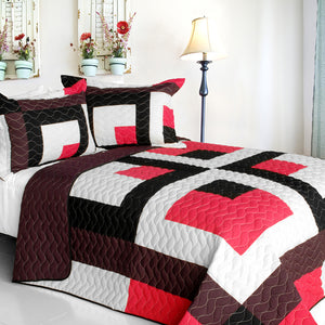 Hot Pink White Brown & Black Patchwork Geometric Teen Bedding Full/Queen Quilt Set