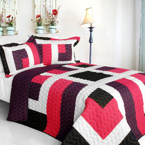 Hot Pink Black White & Brown Patchwork Geometric Teen Bedding Full/Queen Quilt Set