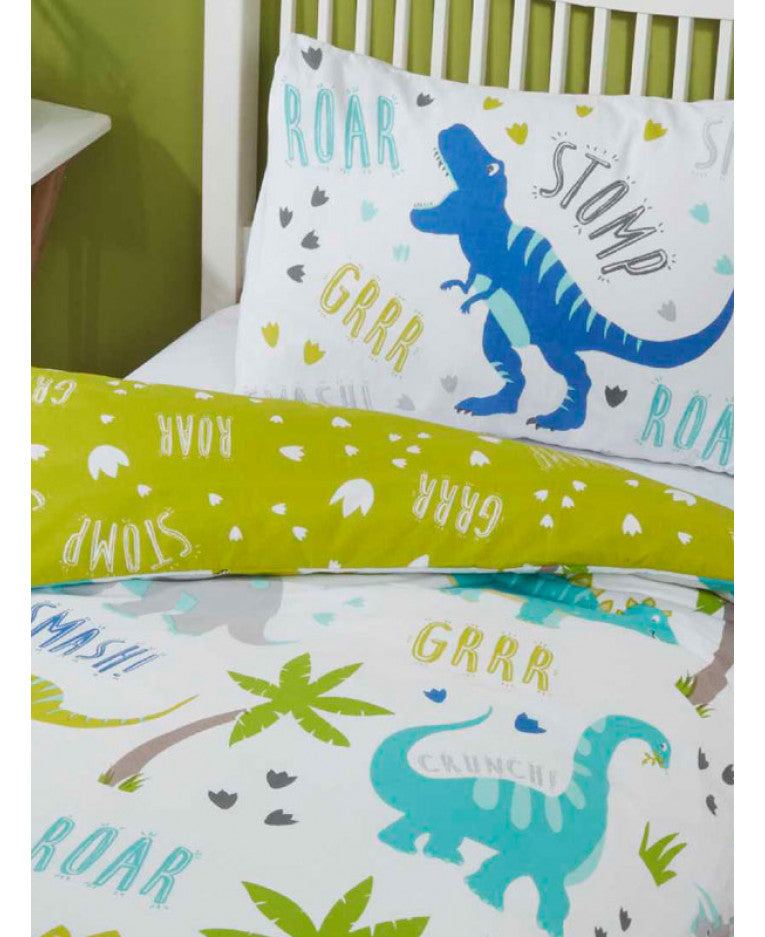 Roarsome Lime Green Blue Dinosaur Cartoon Bedding Twin Duvet Cover
