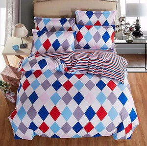 Parure de lit 4 pièces avec housse de couette et motif losanges à rayures nautiques, rouge, bleu et blanc