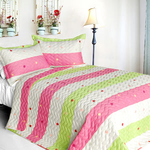 Pink Green Polka Dot & Striped Girl Bedding Twin Full/Queen King Quilt Set Modern Bedspread