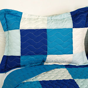 Modern White Blue Patchwork Teen Bedding Boy Girl Quilt Set - Pillow Sham