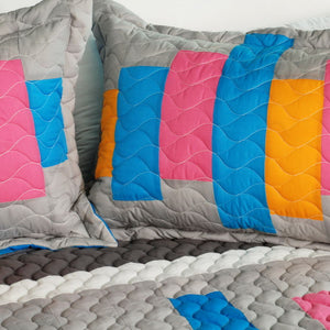 Pink Blue Grey Striped Teen Girl Bedding Full/Queen Quilt Set - Pillow Sham
