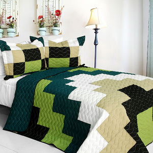 Black Green White Tan Teen Boy Bedding Full/Queen Quilt Set Geometric Bedspread