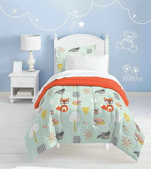 Parure de lit 5 pièces Woodland Friends Mint Green pour lit simple dans un sac Renard Raton laveur Hibou