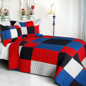 Juego de edredón para cama tamaño queen o matrimonial con diseño geométrico en color patchwork en rojo, negro, azul y blanco para niños