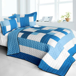 Sky Blue & White Geometric Colorblock Boys Bedding Full/Queen Patchwork Teen Quilt Set Modern Bedspread