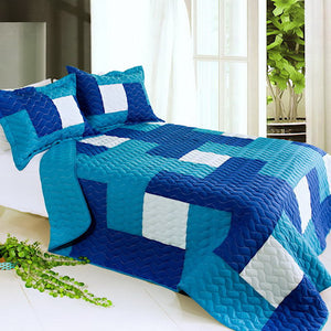 Blue White Modern Patchwork Bedding Teen Boy or Girl Full/Queen Quilt Set Oversized Bedspread