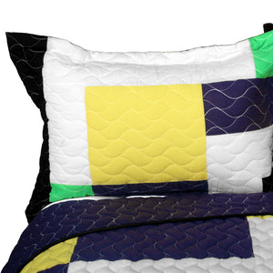 Black White Green Yellow Geometric Teen Bedding Full/Queen Quilt Set - Pillow Sham